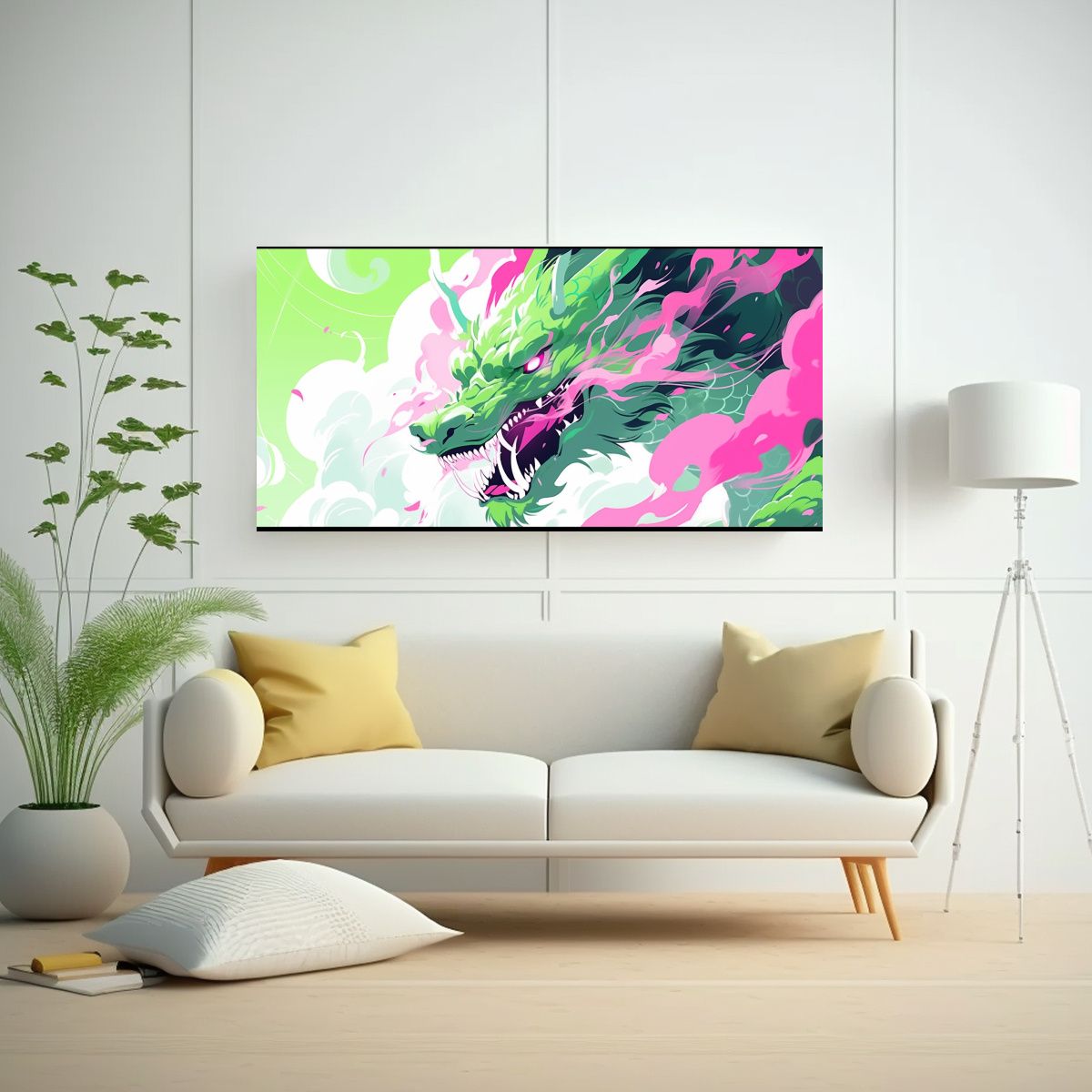 GENERICO - Cuadro Impreso Dragón Verde Y Rosa Neonoir 140x70 Cm.