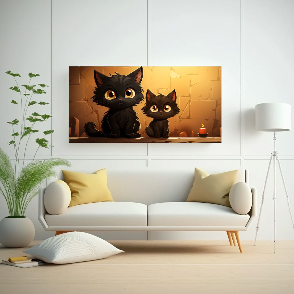 GENERICO - Cuadro De Sala Animado Con Gatos Negros 120x60 Cm