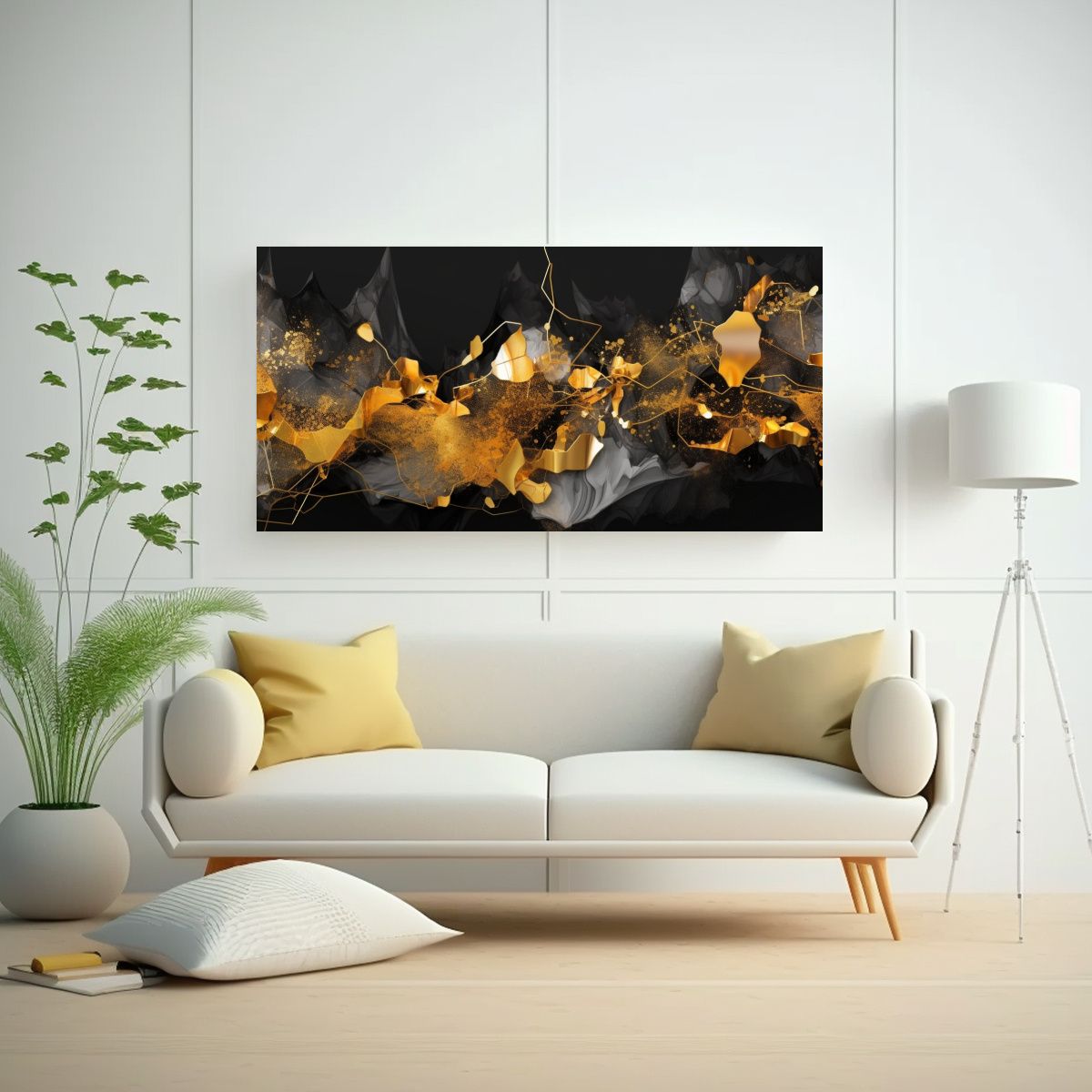 GENERICO - Cuadro Abstracto Moderno En Negro Y Dorado Para 140x70 Cm