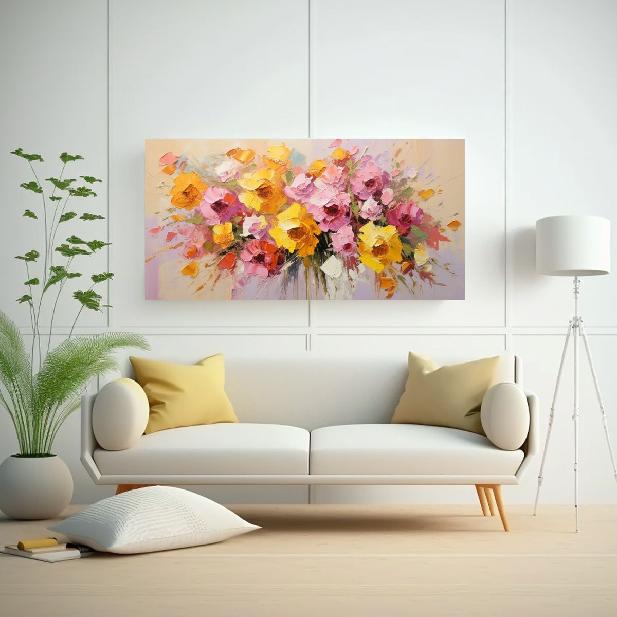 GENERICO - Pintura Original De Flores En Lienzo Cuadro 140x70 Cm.