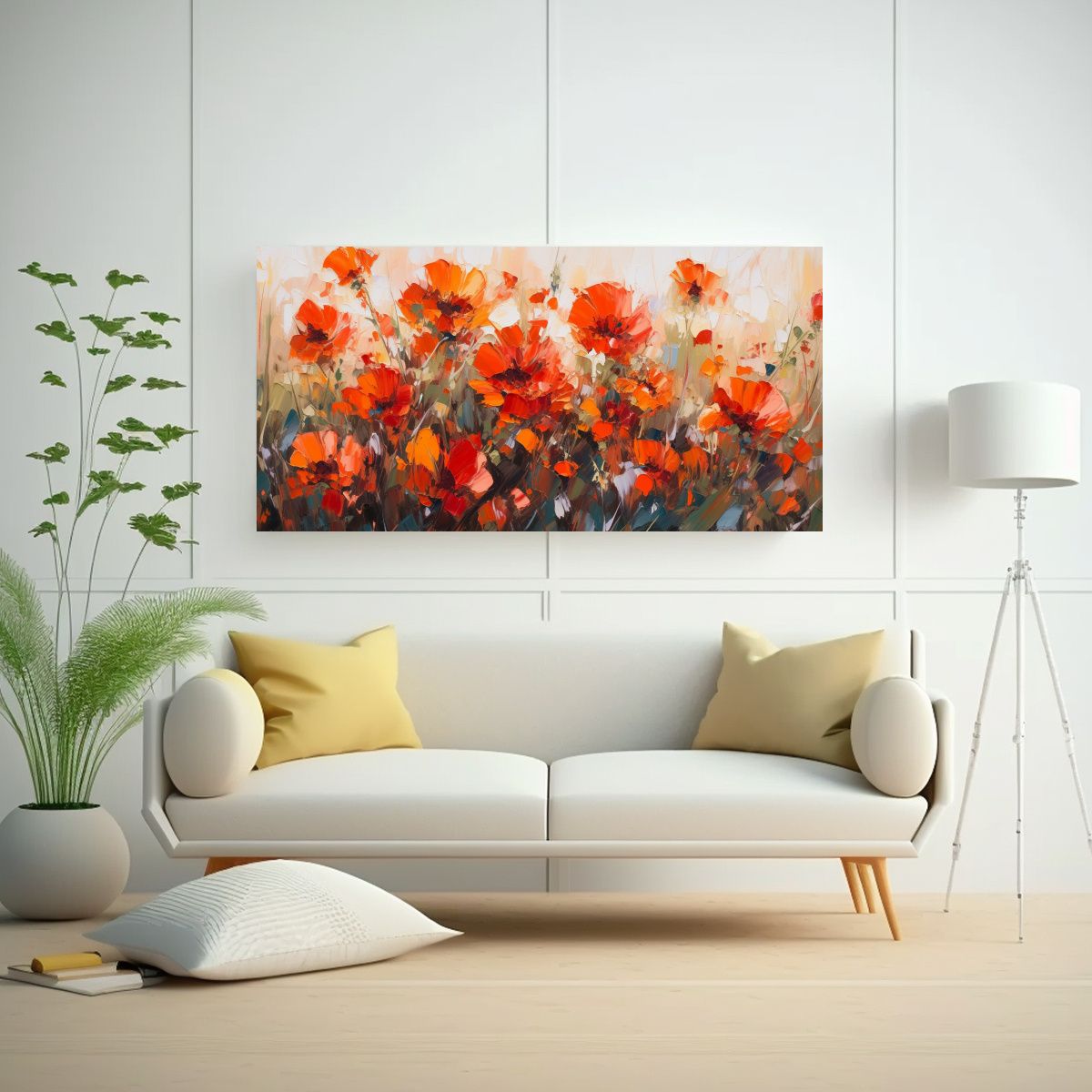 GENERICO - Pintura En Lienzo De Flores Rojas Y Naranjas En 140x70 Cm