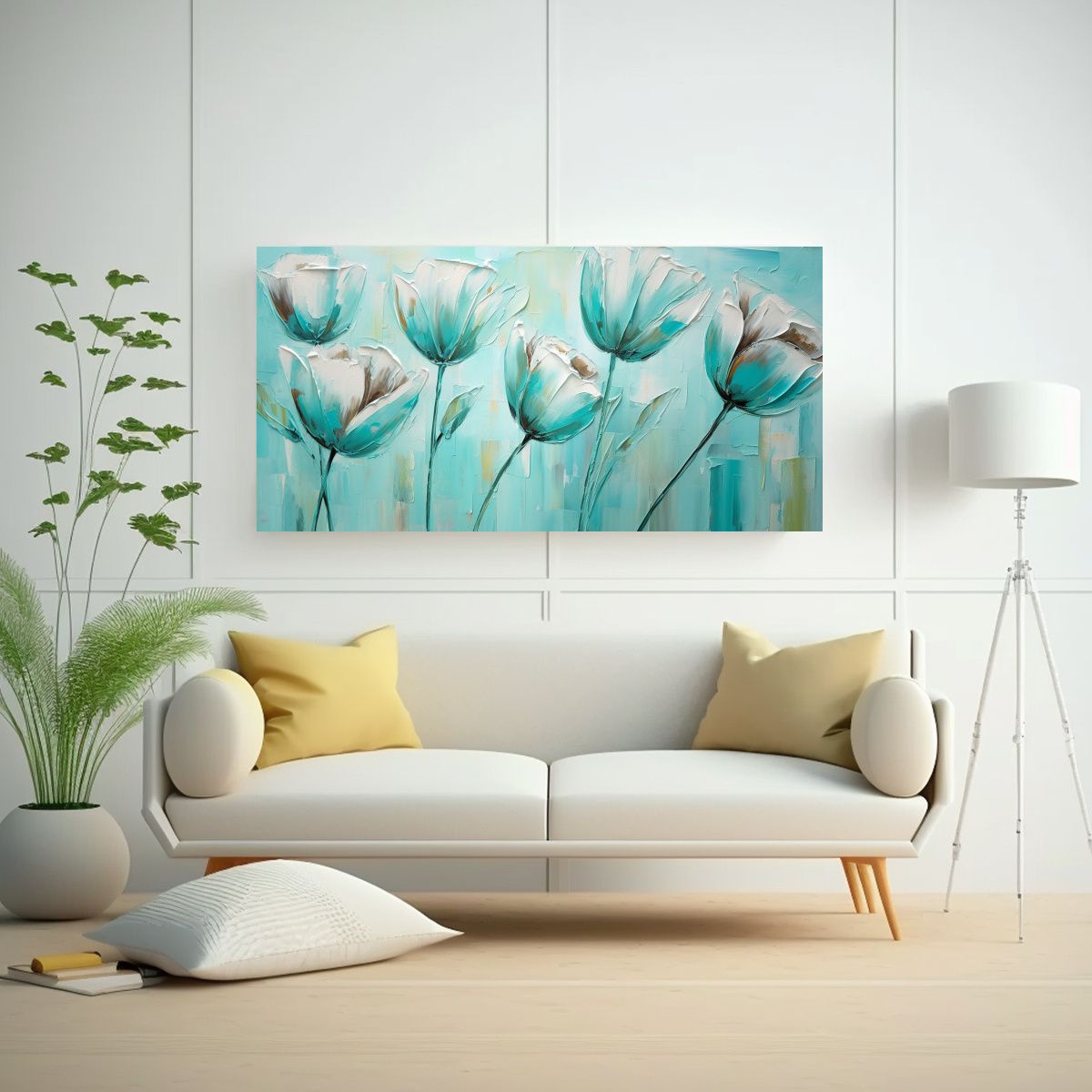 GENERICO - Cuadro Moderno Tulipanes Turquesa En Lienzo 140x70 Cm