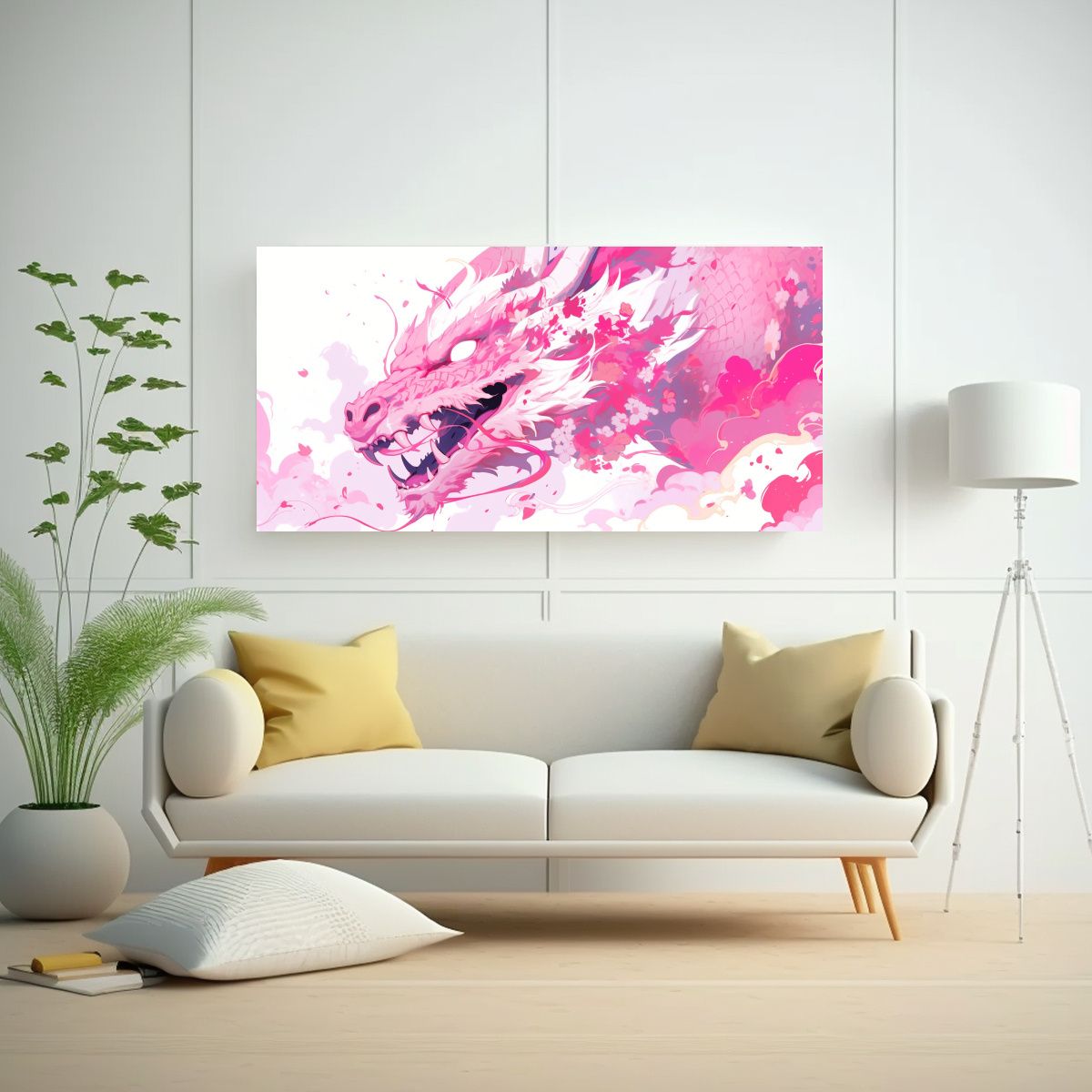 GENERICO - Cuadro Tela Acuarela Simétrico Dragón Blanco Y 120x60 Cm