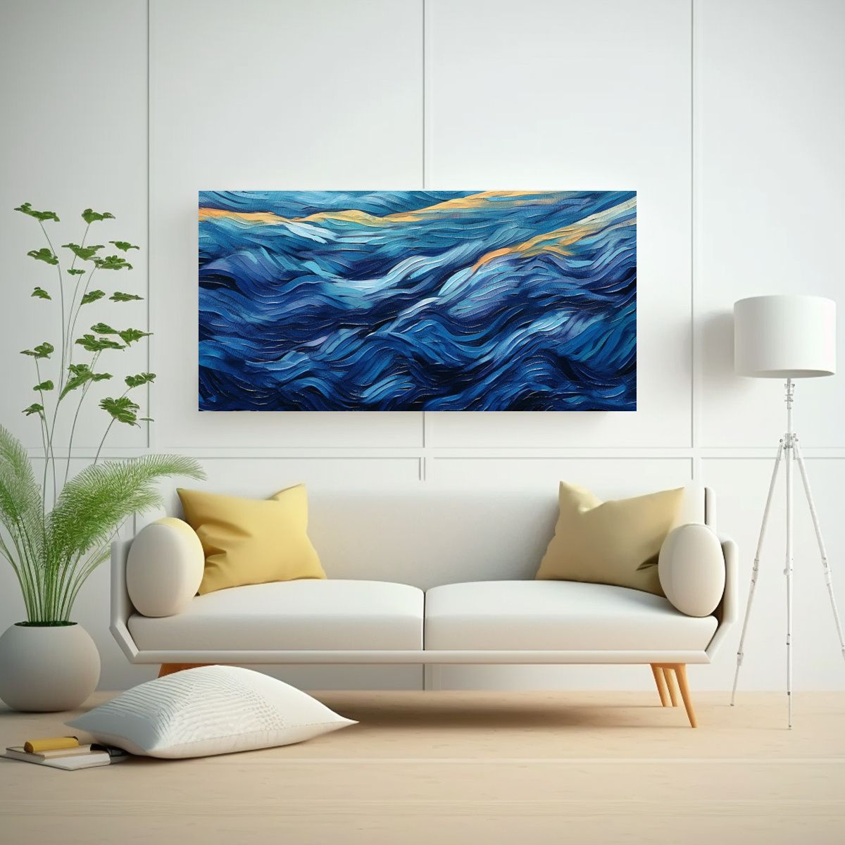 GENERICO - Pintura Abstracta Azul Con Campos Horizontales 140x70 Cm.
