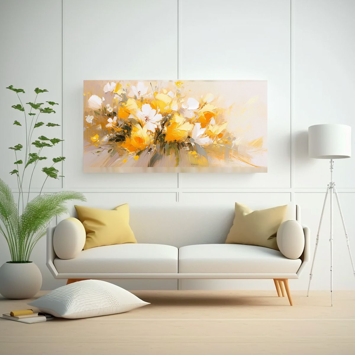 GENERICO - Cuadro Floral Amarillo Y Blanco En Bastidor De 140x70 Cm