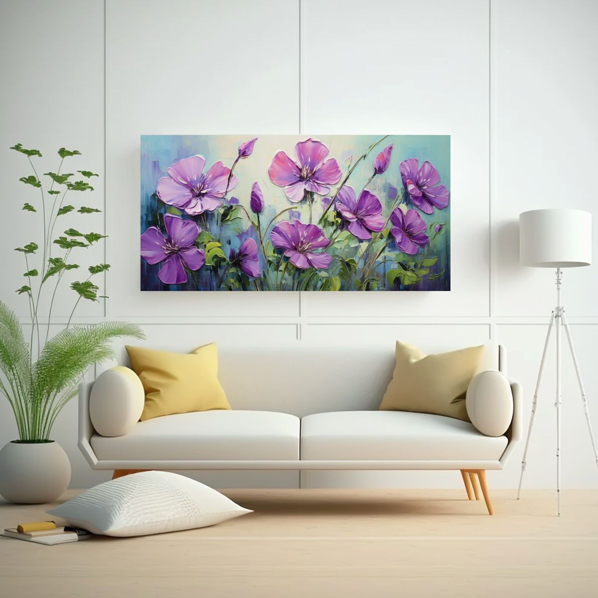 GENERICO - Pintura De Flores Verde Y Morado En Lienzo Arte 140x70 Cm
