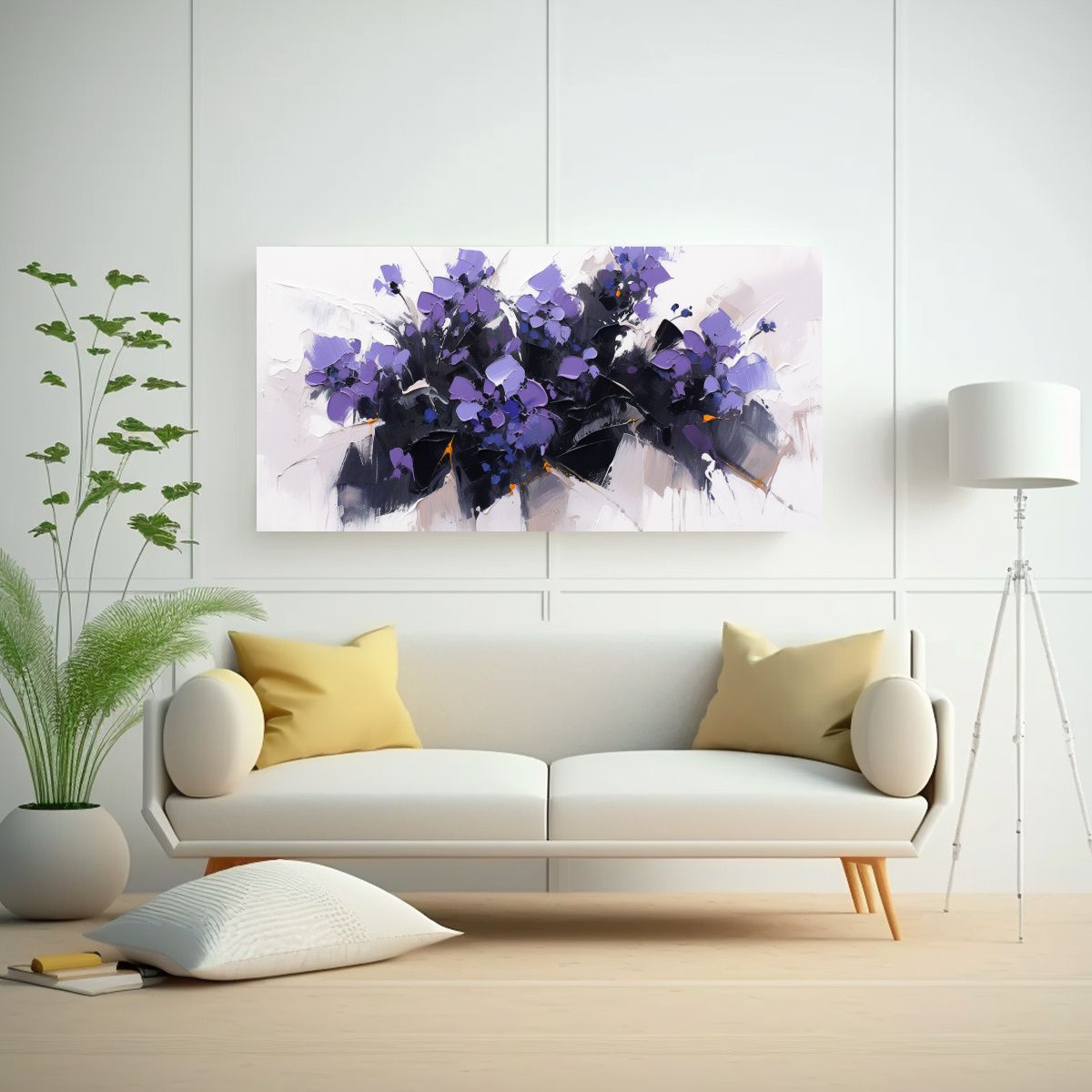 GENERICO - Pintura De Flores En Tonos Morados Y Negros Para 120x60 Cm.