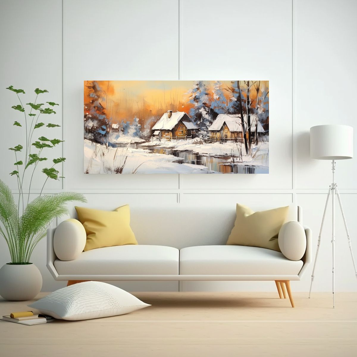 GENERICO - Pintura Paisaje Invernal Con árboles Y Casas Al 120x60 Cm.