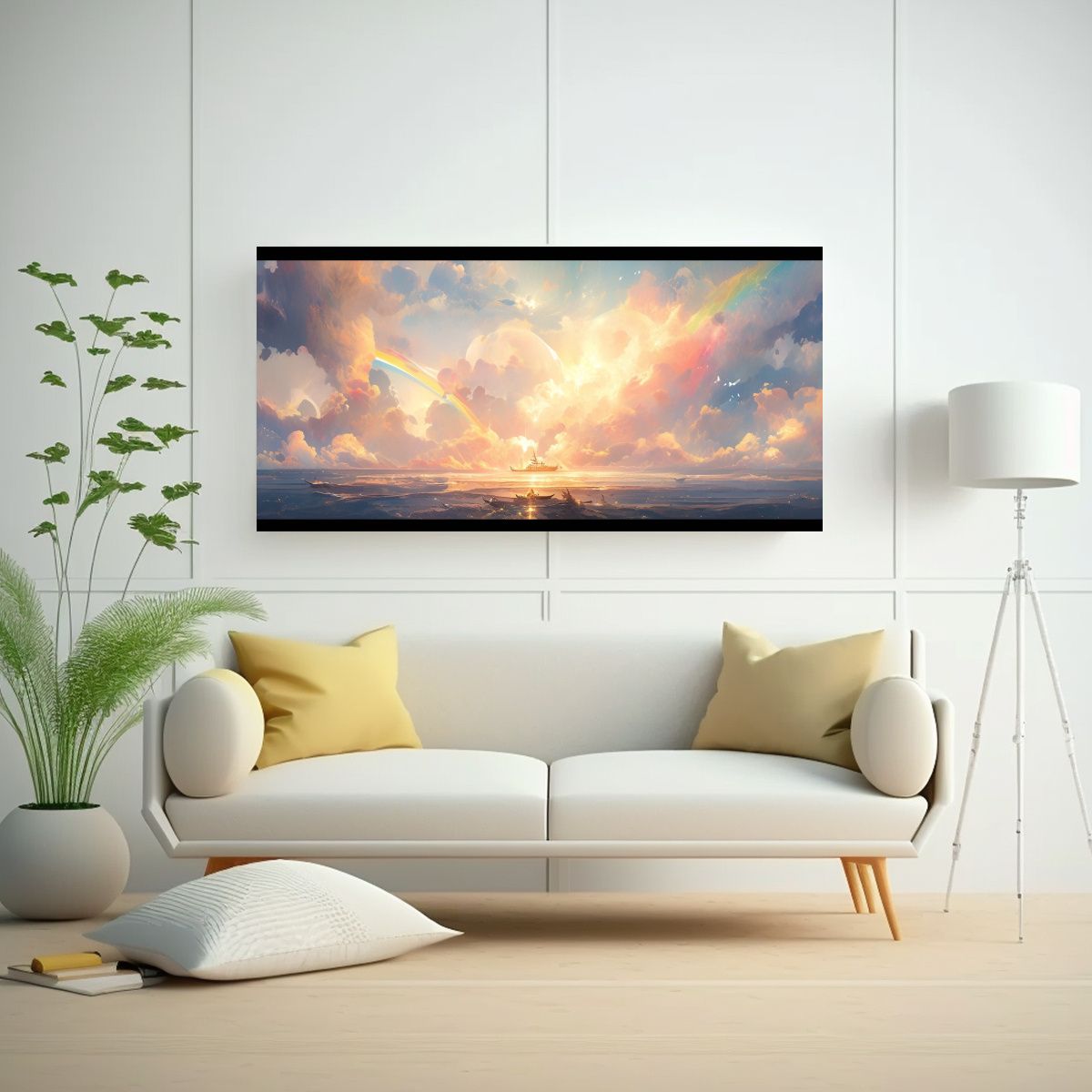 GENERICO - Lienzo Mágico Arcoíris Y Mar Con Colores Oro Y 140x70 Cm