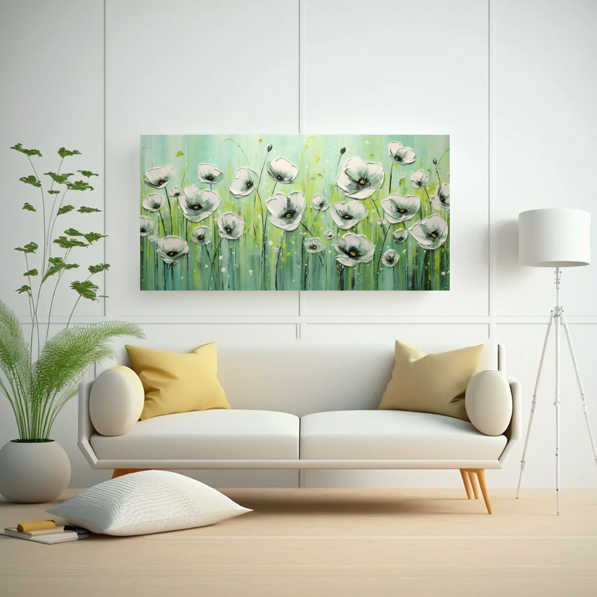 GENERICO - Cuadro Lienzo Poppies Verde Estilo Decorativo 140x70 Cm