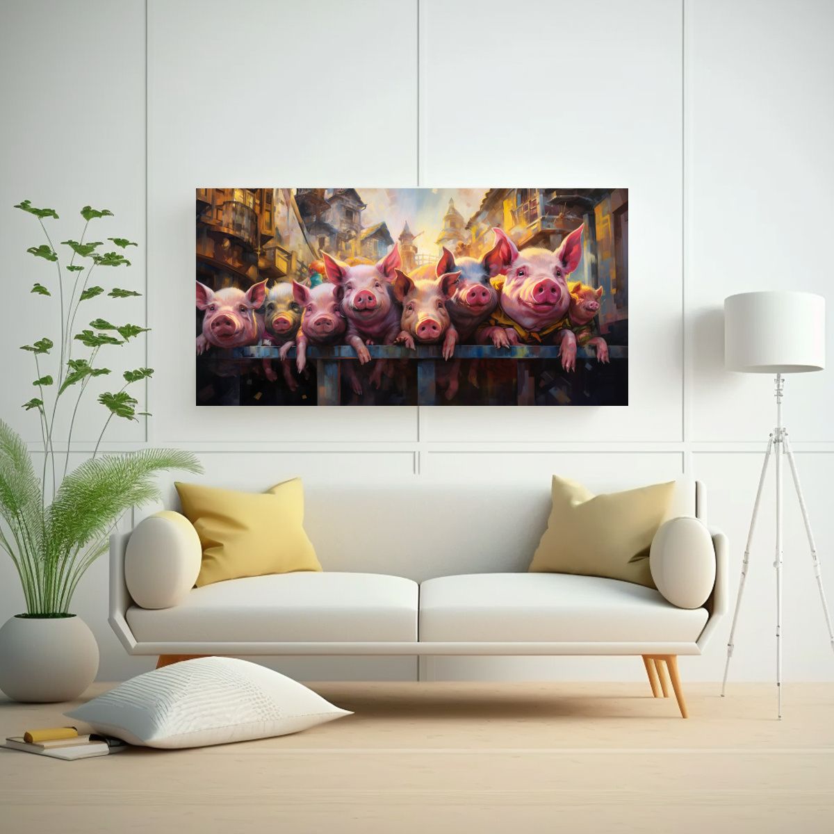 GENERICO - Obra Arte Acuarela Cerdos Estilo Pintura Estilo 120x60 Cm.