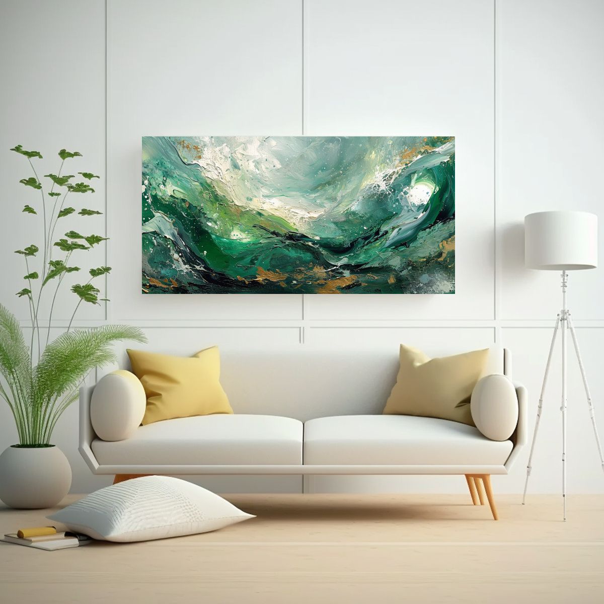 GENERICO - Pintura Abstracta En Tonos Verdes Y Blancos Para 140x70 Cm.