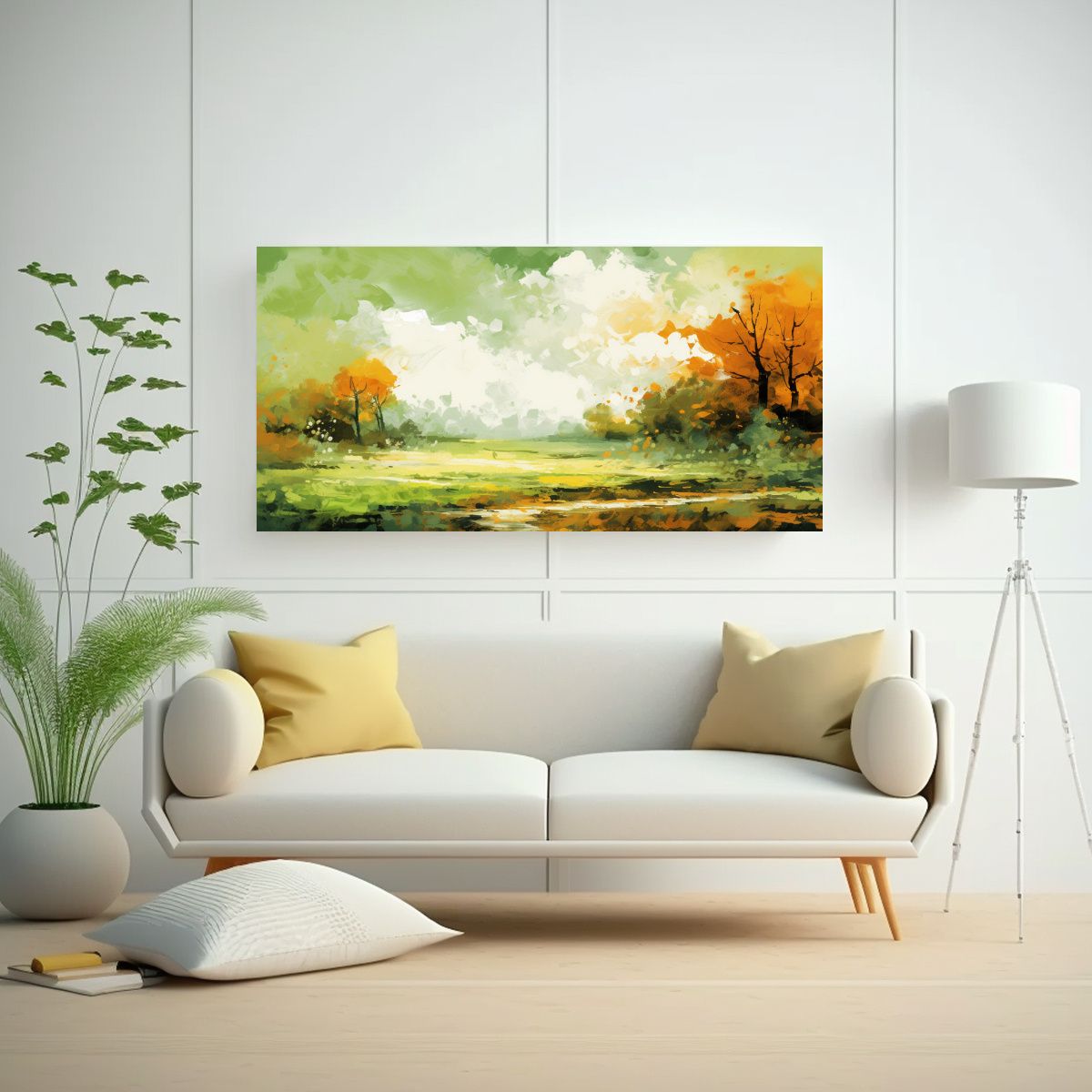 GENERICO - Pintura Paisaje Otoñal Con Colores Verdes Estilo 140x70 Cm.