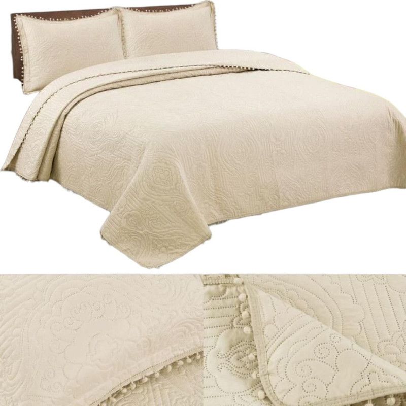 GENERICO - Cubrecama De Verano Con Pompon 2 Plazas + 2 Funda 230x250cm Crema