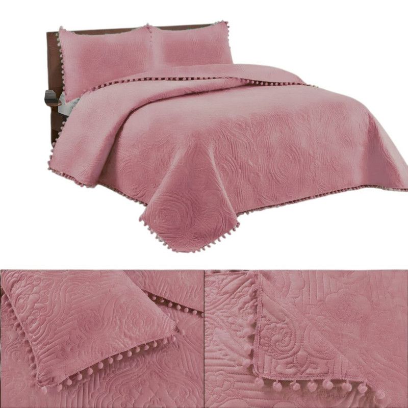 GENERICO - Cubrecama De Verano Con Pompon 2 Plazas + 2 Funda 230x250cm Rosado