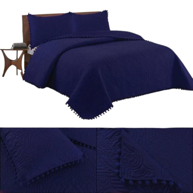 GENERICO - Cubrecama De Verano Con Pompon King + 2 Funda 250x270cm Azul Oscuro