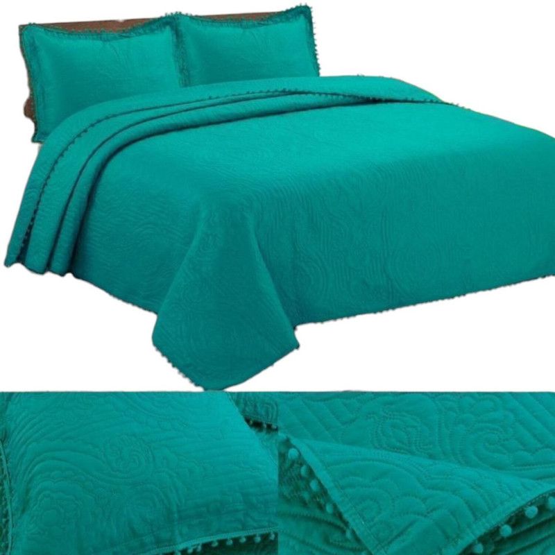 GENERICO - Cubrecama De Verano Con Pompon King + 2 Funda 250x270cm Turquesa