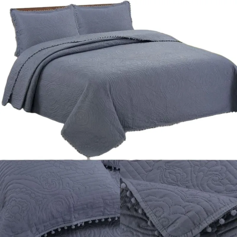 GENERICO - Cubrecama De Verano Con Pompon 2 Plazas + 2 Funda 230x250cm Gris