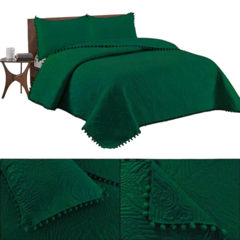 GENERICO - Cubrecama De Verano Con Pompon 2 Plazas + 2 Funda 230x250cm Verde