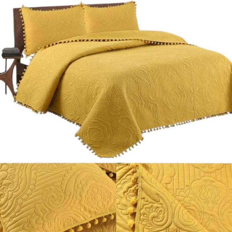 GENERICO - Cubrecama De Verano Con Pompon King + 2 Funda 250x270cm Amarillo