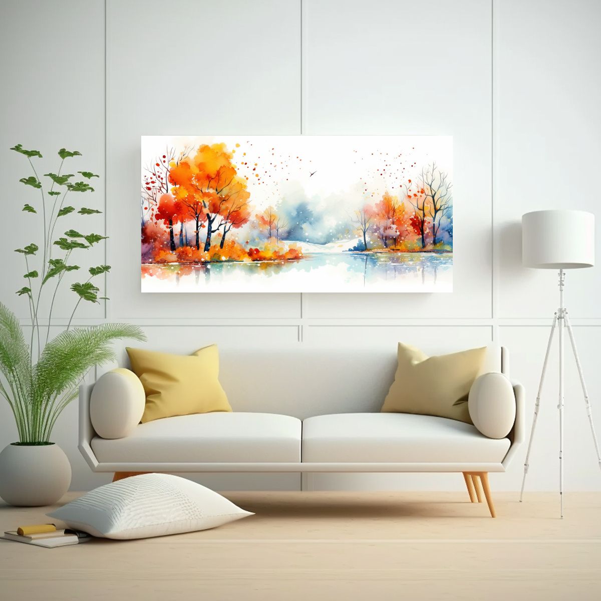 GENERICO - Paisaje Otoñal Moderno Con Acuarelas Colores Neo 140x70 Cm.