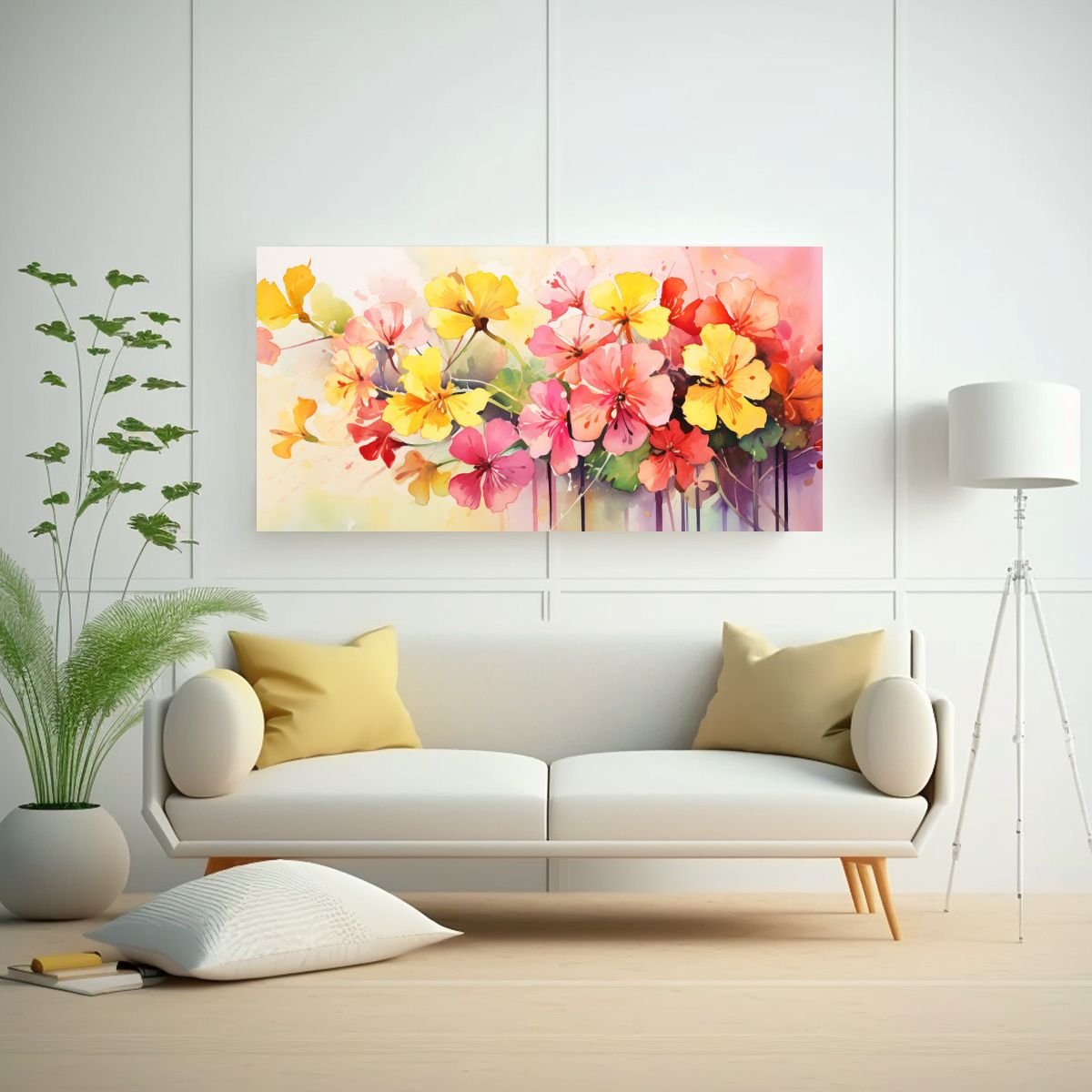 GENERICO - Pintura Abstracta De Geranios Amarillos Y Rosados 140x70 Cm