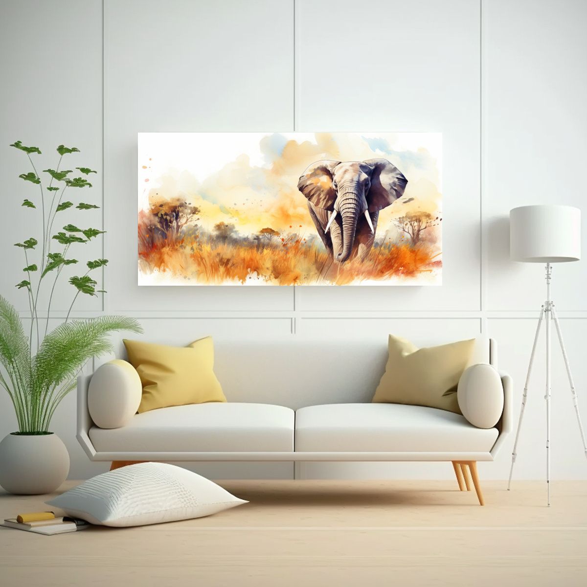 GENERICO - Cuadro Elefante Sabana Acuarela Colorida Estilo 120x60 Cm.