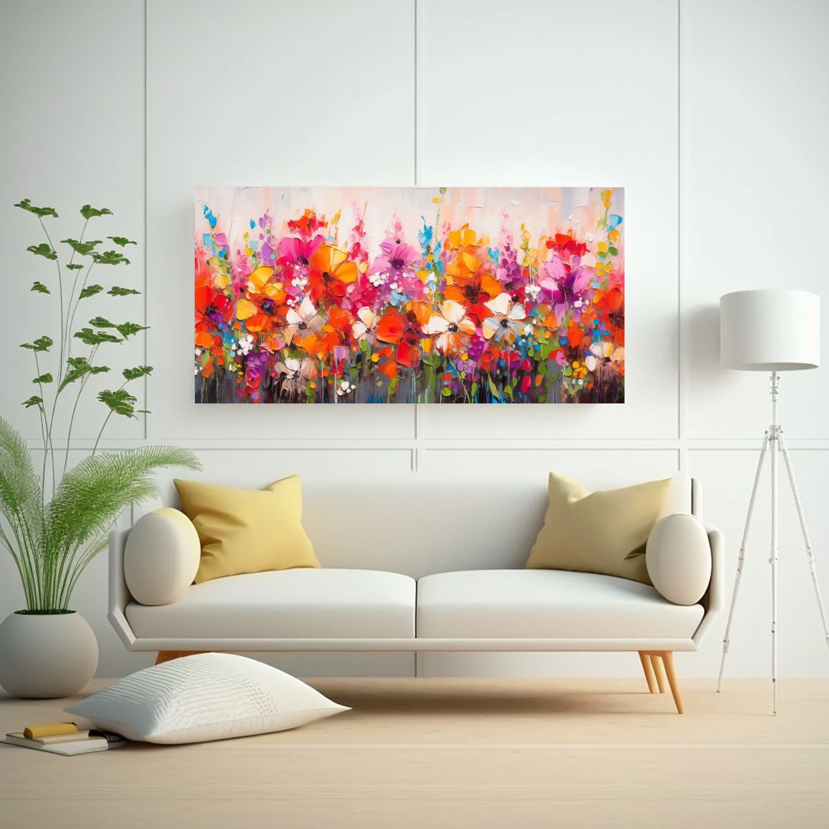 GENERICO - Pintura Original Flores Arcoíris En Lienzo 140x70 Cm