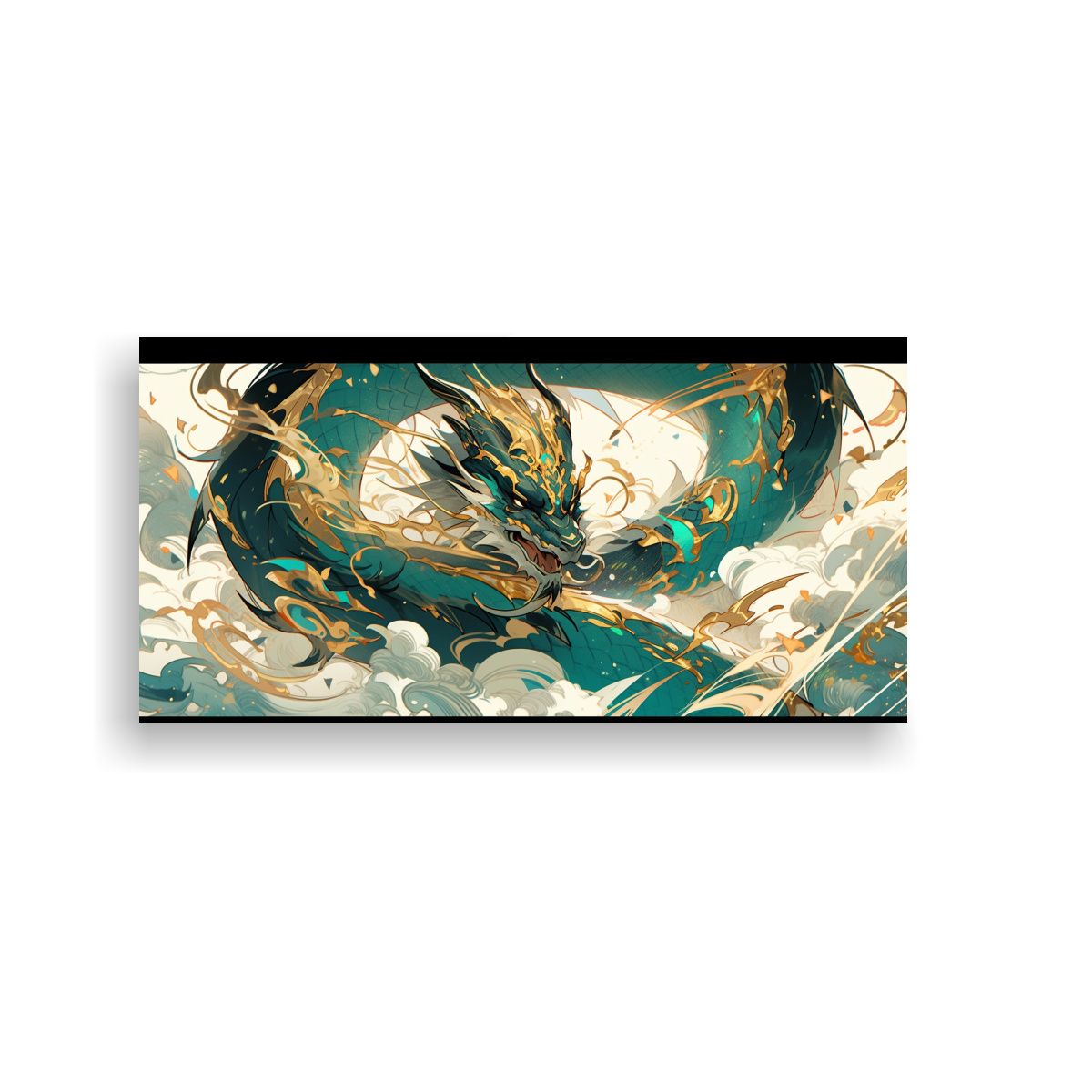 GENERICO - Cuadro En Bastidor Moderno Dragón Turquesa Y Oro 120x60 Cm