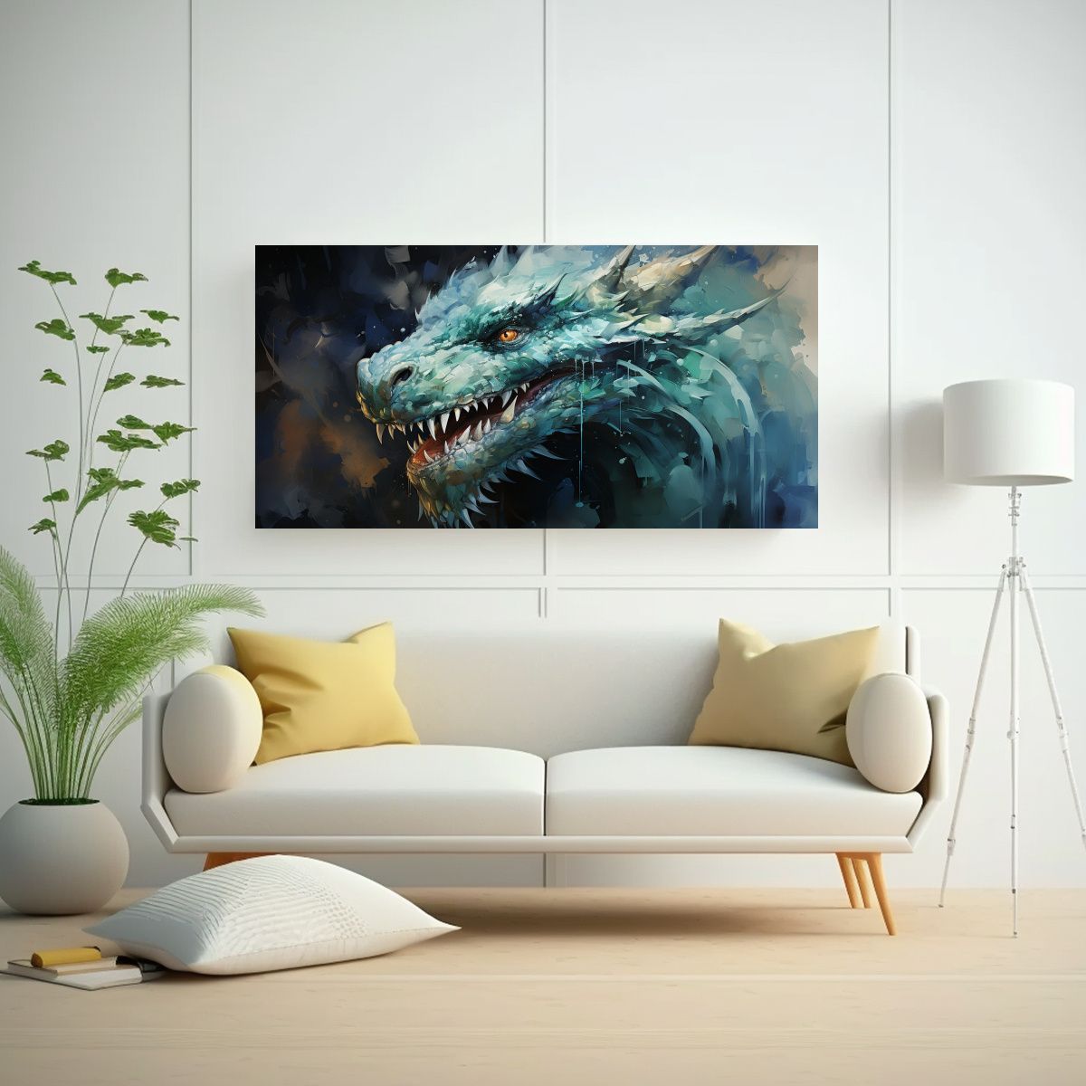 GENERICO - Cuadro De Dragón En Verde Y Azul Atmosfera 140x70 Cm