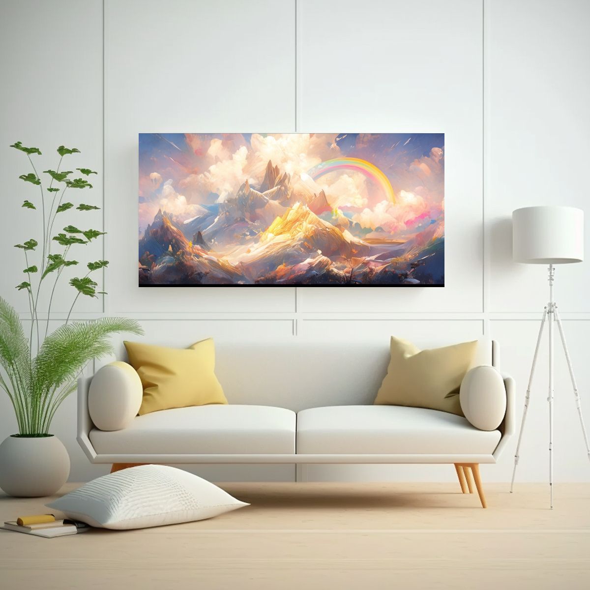 GENERICO - Cuadro Abstracto Montañas Nevadas Con Arco Iris 120x60 Cm