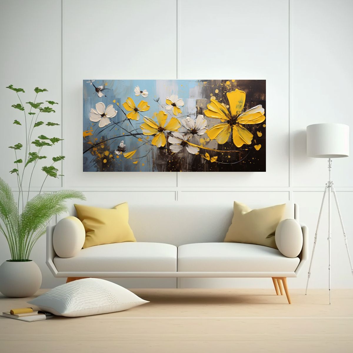 GENERICO - Cuadro De Flores Amarillas Y Negras En Lienzo 140x70 Cm