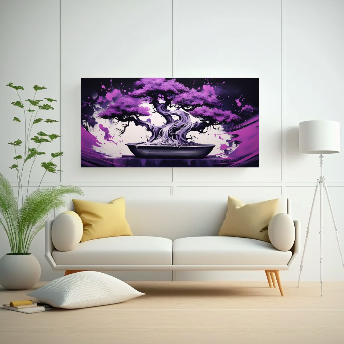 GENERICO - Cuadro De Arte En Tela Bonsái Morado Y Blanco 140x70 Cm