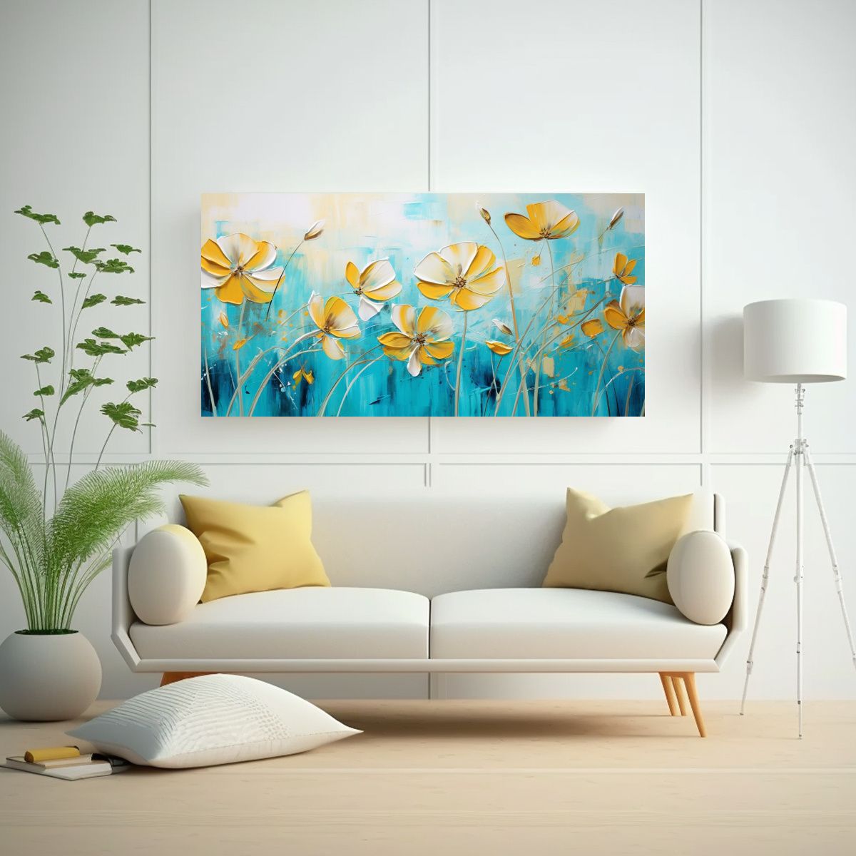 GENERICO - Pintura En Lienzo De Flores Amarillas Y Cian En 120x60 Cm