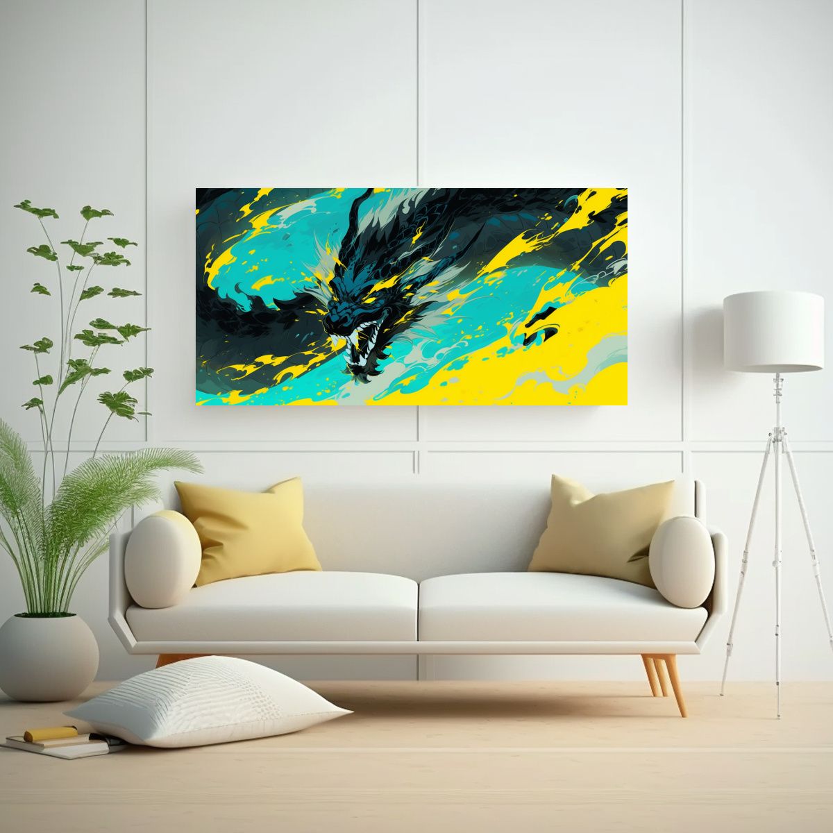 GENERICO - Cuadro Calidos Relieve Dragon Amarillo Y Turquesa 140x70 Cm