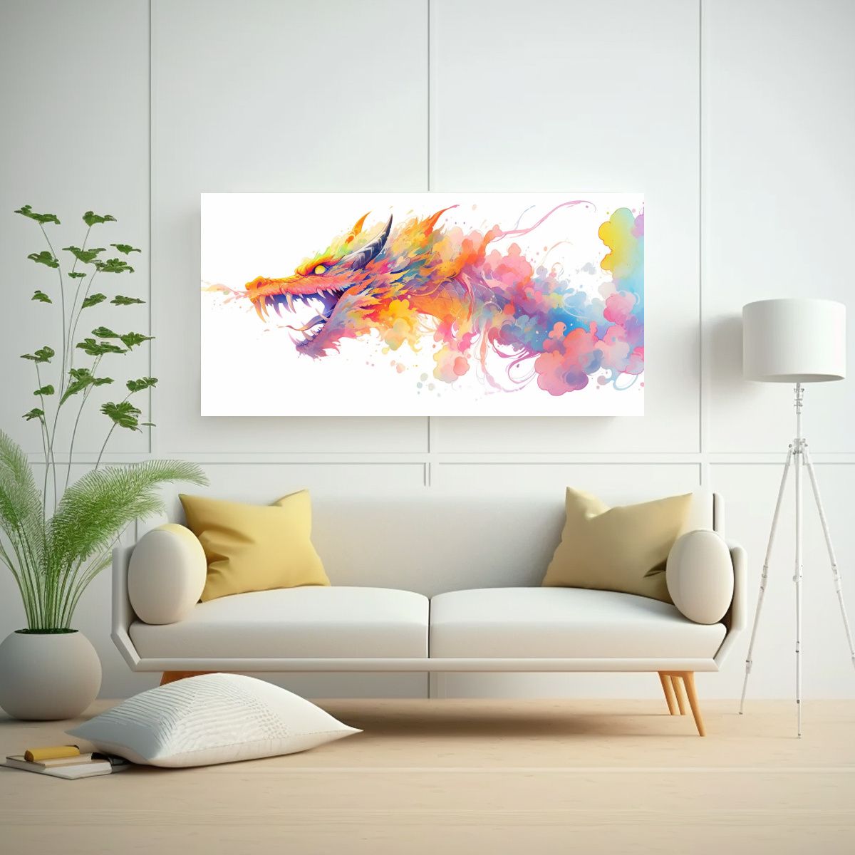 GENERICO - Arte De Pared Dragon En Arcoíris Y Acuarelas 140x70 Cm.