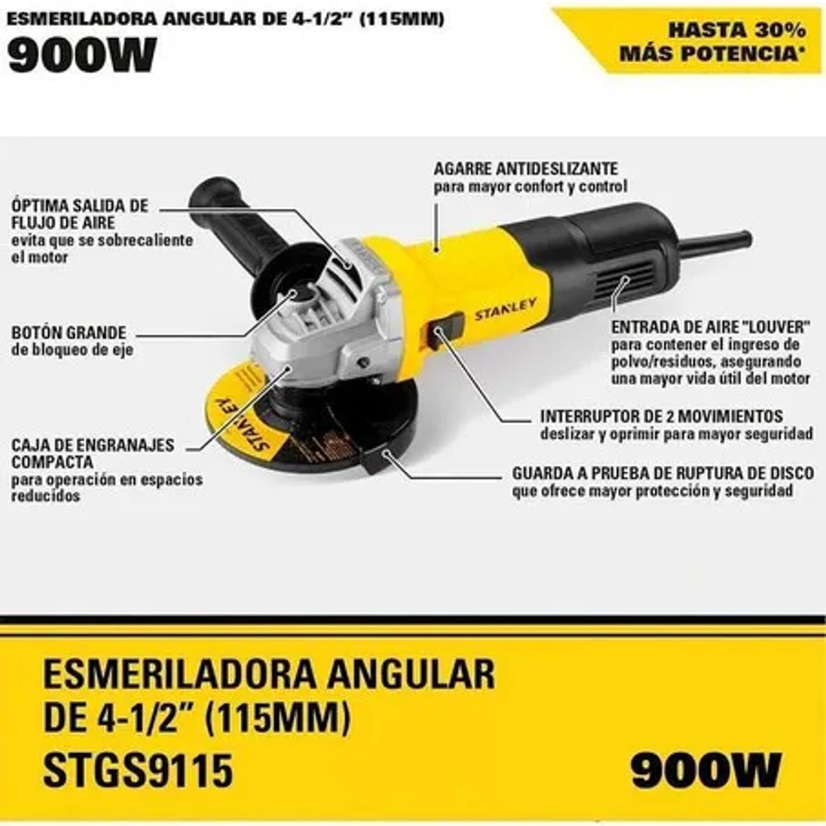 STANLEY - Esmeril Angular Stanley Stgs9115-b2c 4 1/2 900w Color Amarillo/negro