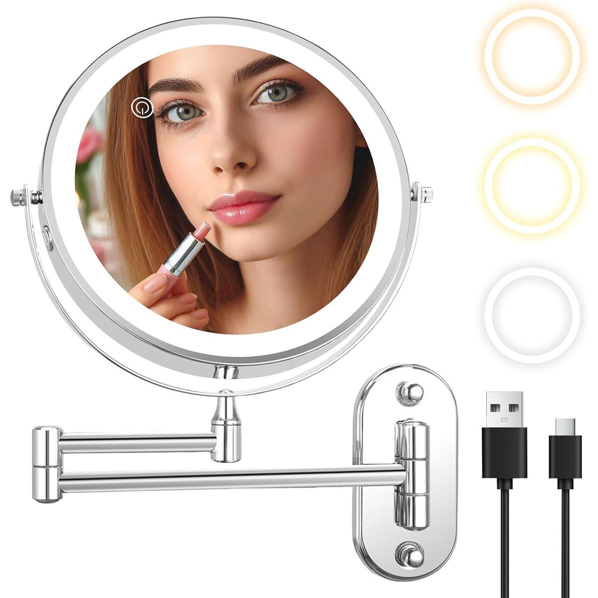 ANYHOGAR - Espejo De Maquillaje De Pared Recargable Con Tricolor Luz10x