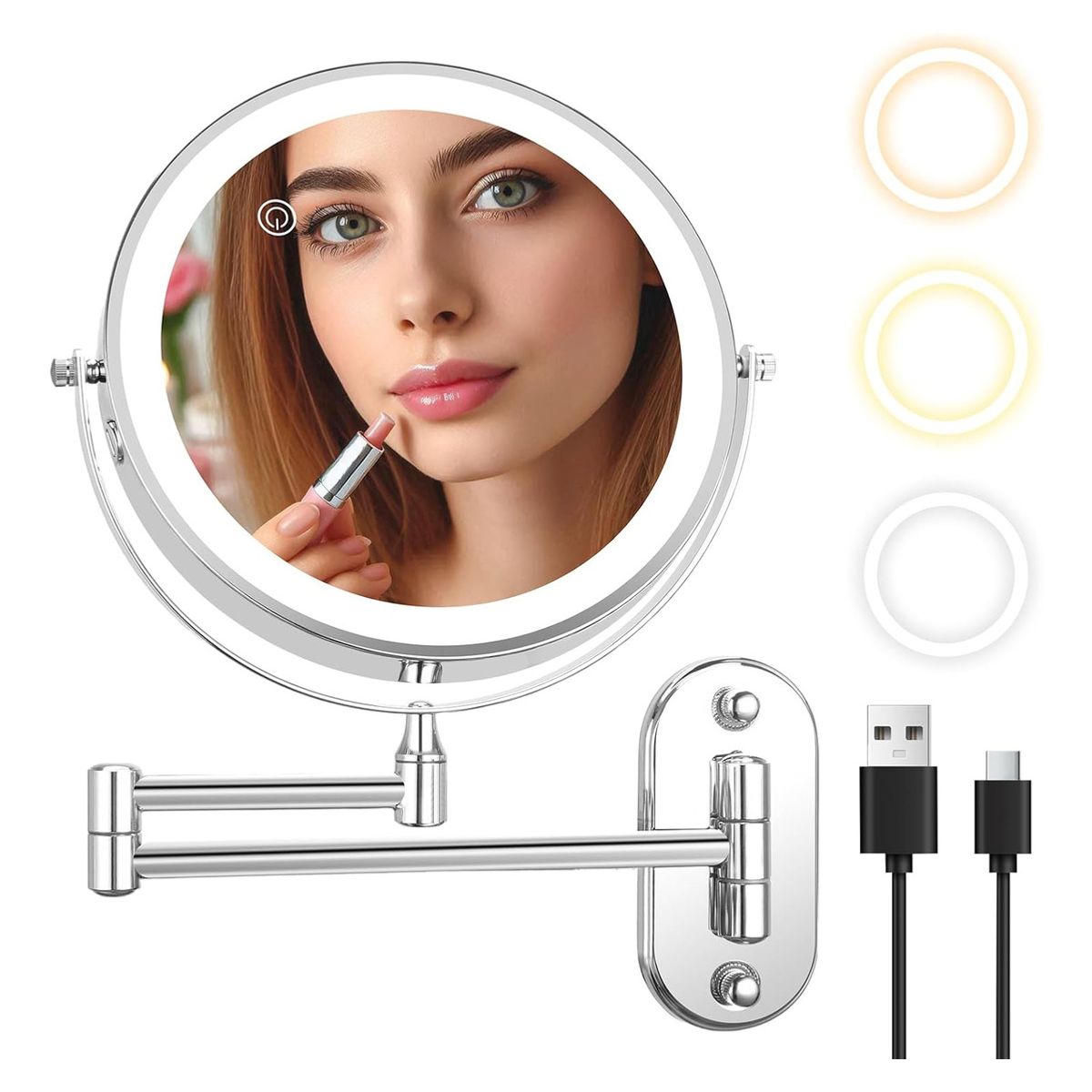 ANYHOGAR - Espejo De Maquillaje De Pared Recargable Con Tricolor Luz10x