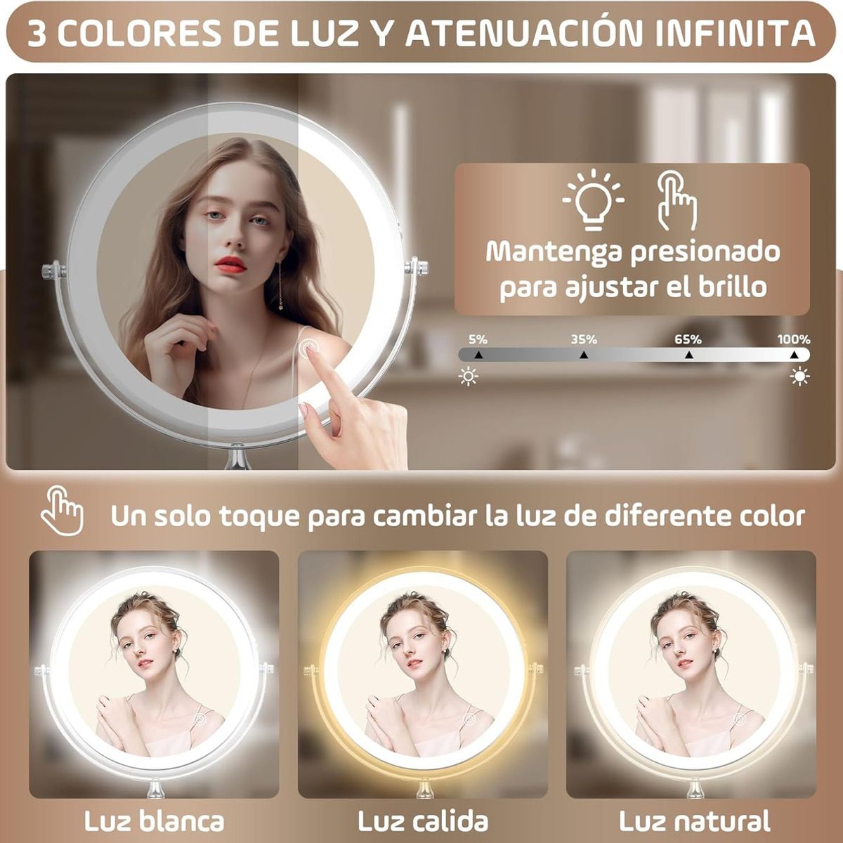 ANYHOGAR - Espejo De Maquillaje De Pared Recargable Con Tricolor Luz10x