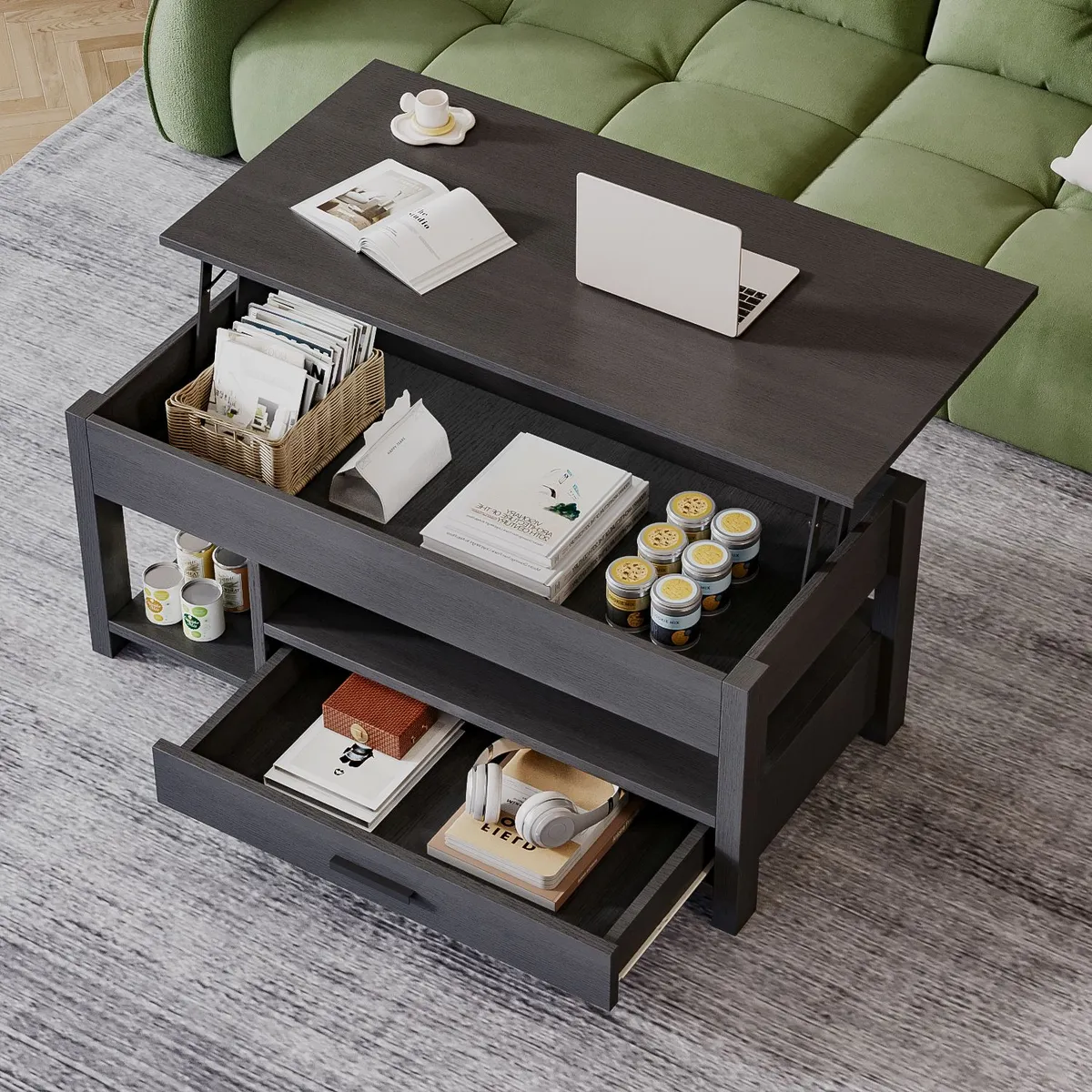 ELEMENT DESIGN - Mesa de Centro con Tapa Elevable y Cajon Negro