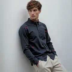 UTILISIMO - Camisa Casual De Vestir Manga Larga Cuello Americano Algodón Negro