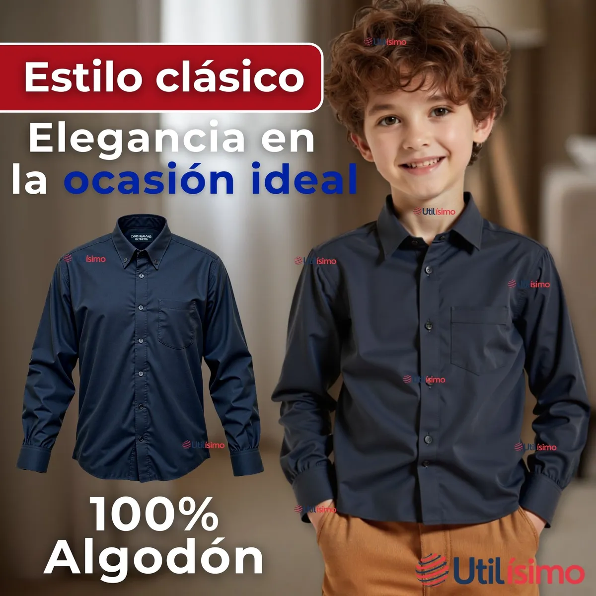 UTILISIMO - Camisa Casual De Vestir Manga Larga Cuello Americano Algodón Negro
