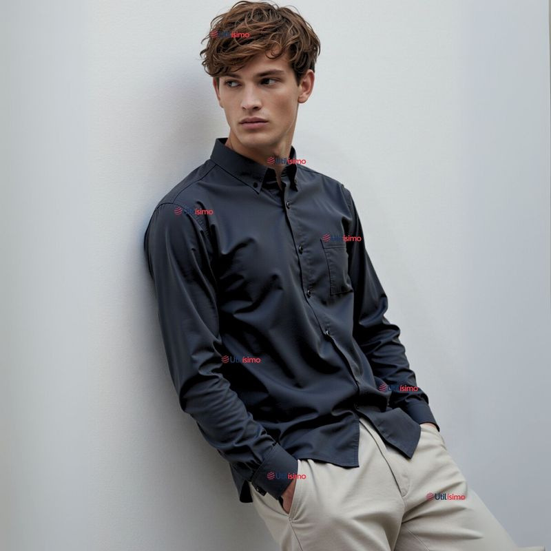 UTILISIMO - Camisa Casual De Vestir Manga Larga Cuello Americano Algodón Negro