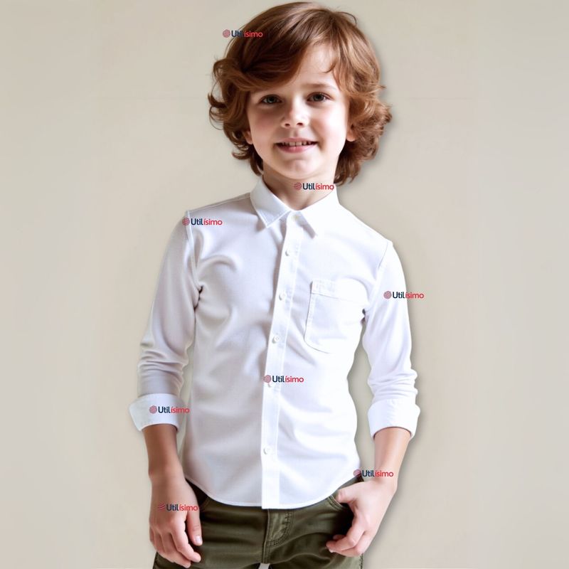 UTILISIMO - Camisa Casual De Vestir Manga Larga Cuello Americano Algodón Blanco