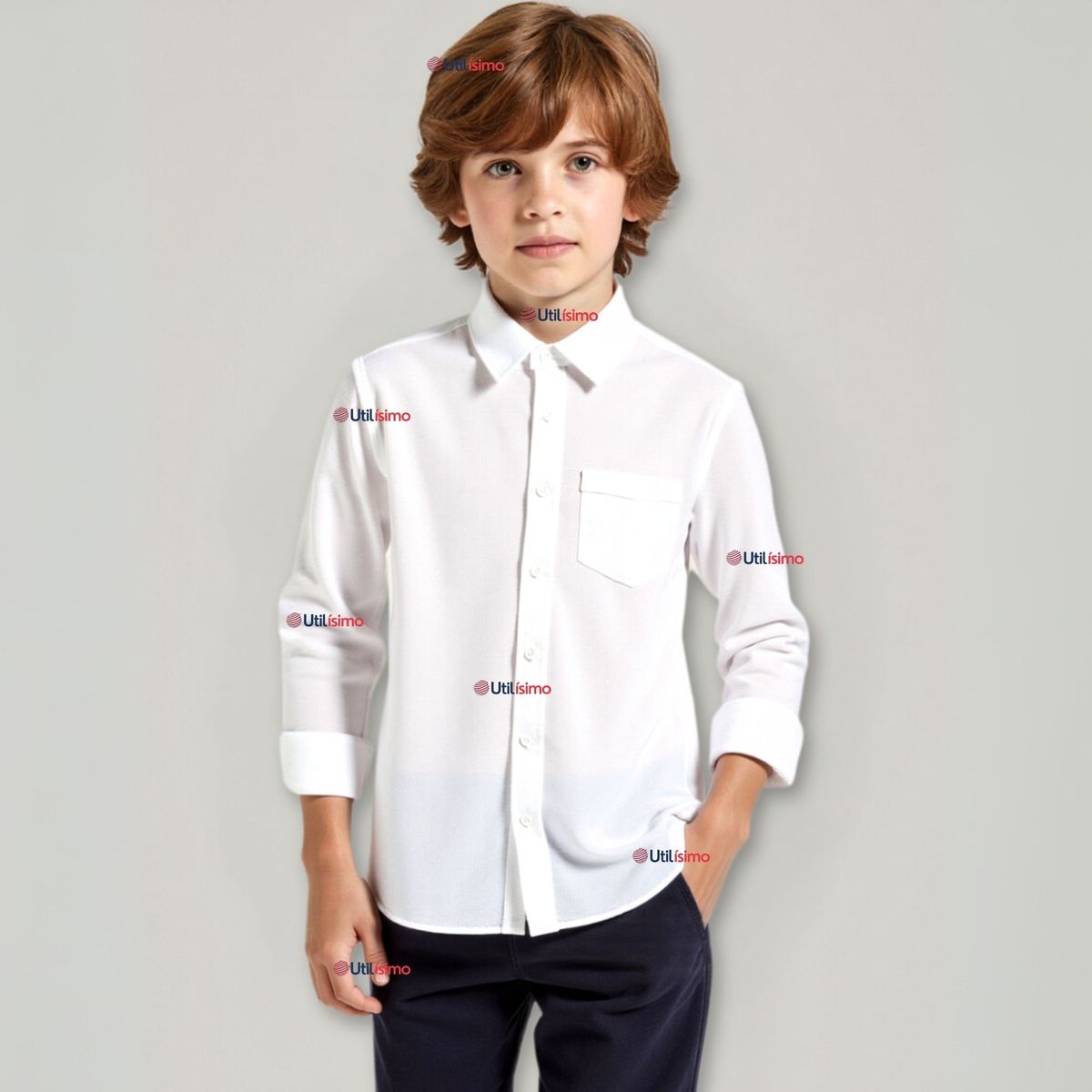 UTILISIMO - Camisa Casual De Vestir Manga Larga Cuello Americano Algodón Blanco