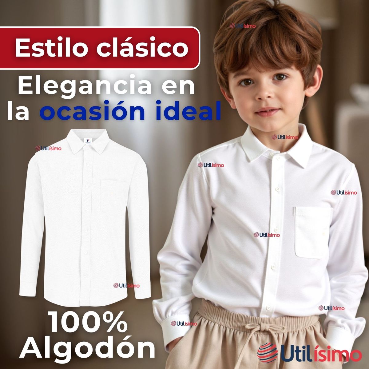 UTILISIMO - Camisa Casual De Vestir Manga Larga Cuello Americano Algodón Blanco