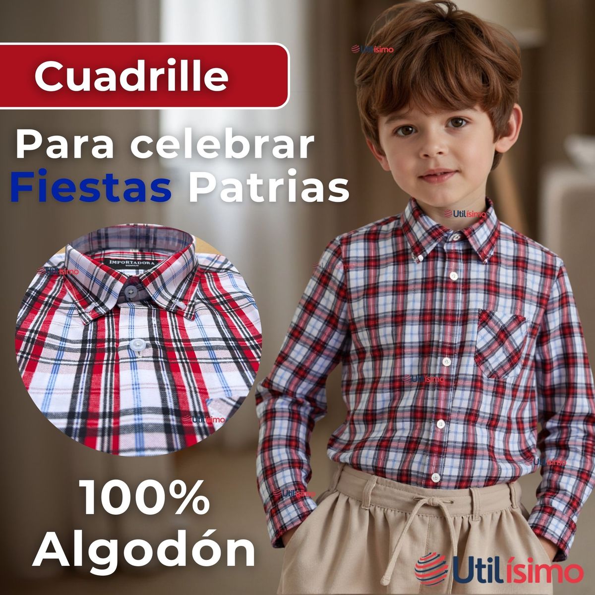 UTILISIMO - Camisa Huaso Cuadrillé Manga Larga Algodón Azul Blanco Casual