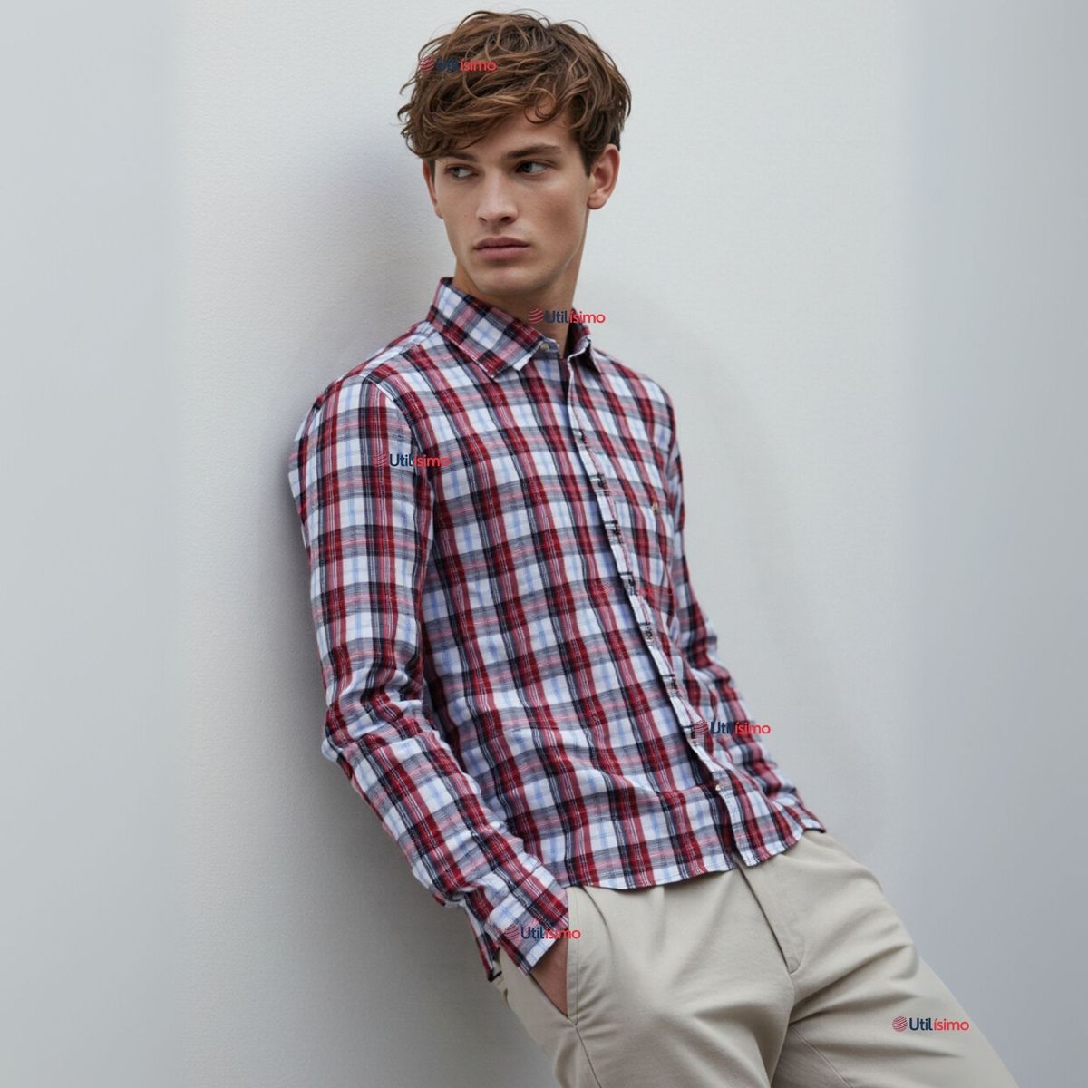 UTILISIMO - Camisa Huaso Cuadrillé Manga Larga Algodón Azul y Blanco Casual