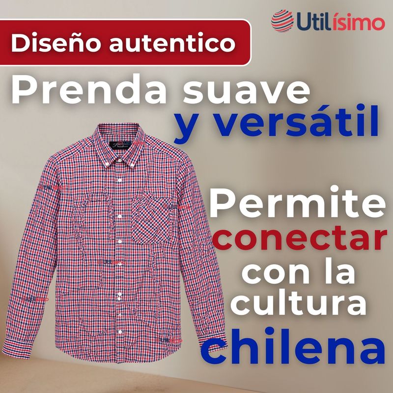 UTILISIMO Camisa Huaso Cuadrillé Manga Larga Algodón Azul y Rojo